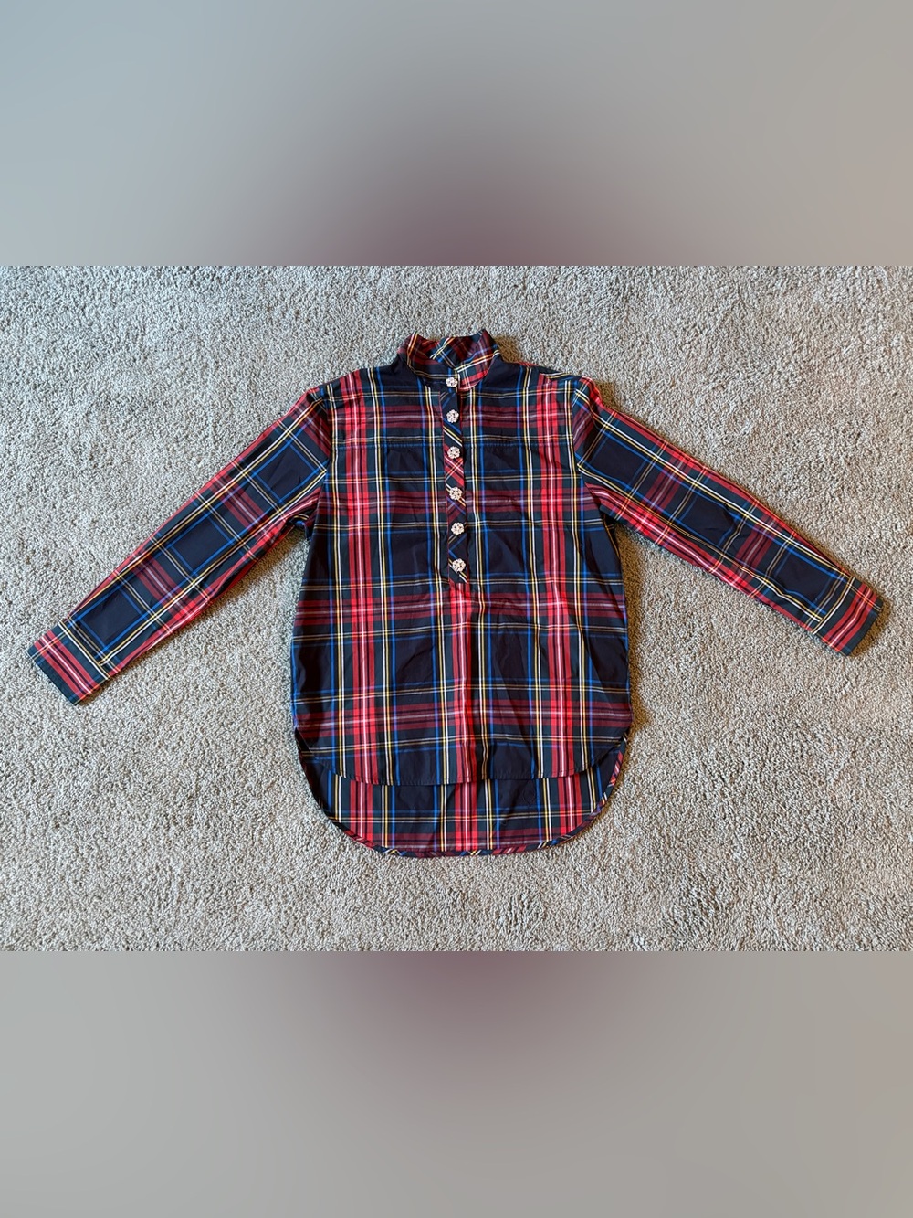J. Crew Jeweled Button Popover Tunic Stewart Tartan Plaid Womens Size 00 NWT
